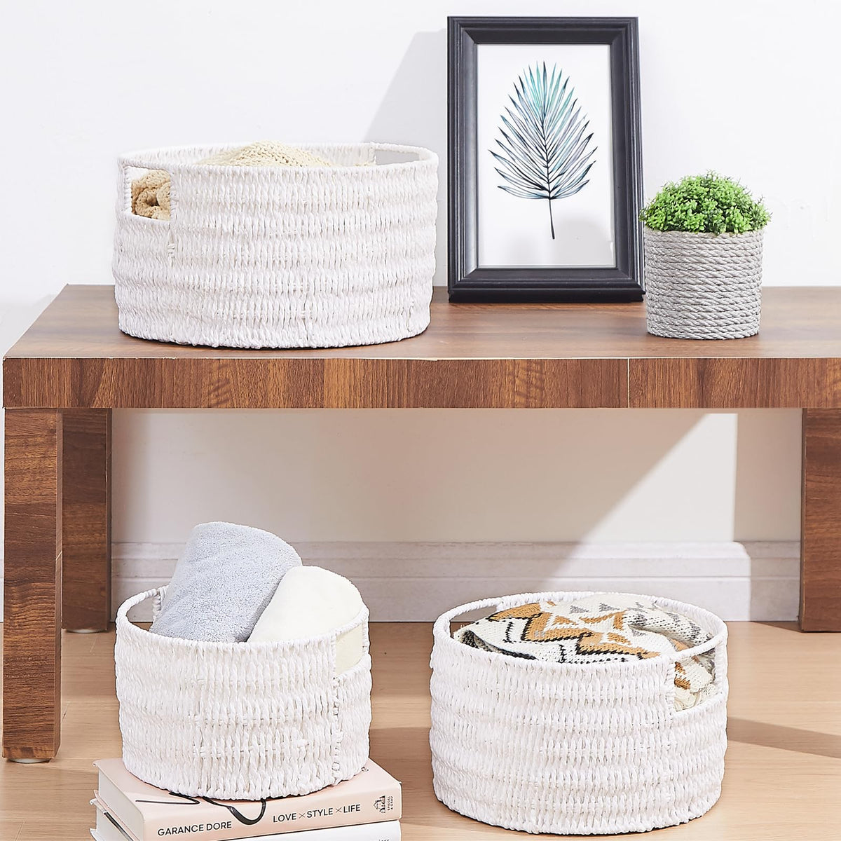Vagusicc Woven Storage Baskets Set of 3, HandWoven Round Wicker Storage Basket with Handles, Natural Wicker Shelf Baskets Organizer