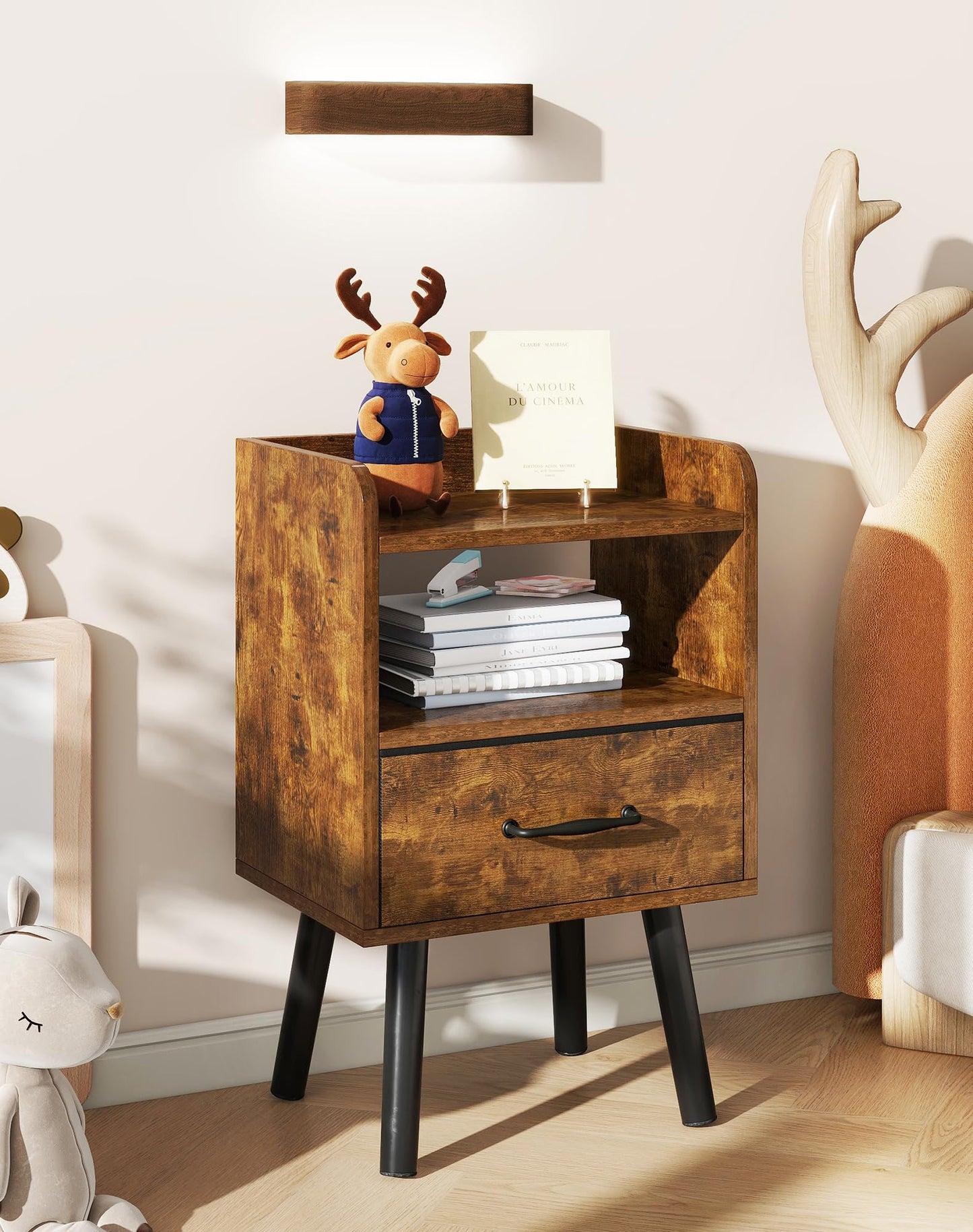 YMYNY Bedside Table Set of 2, Nightstand, Side Table, Wooden Sofa End Table with Fabric Drawer, Open Shelf, Solid Wood Legs, 39x29x63 cm, for Bedroom