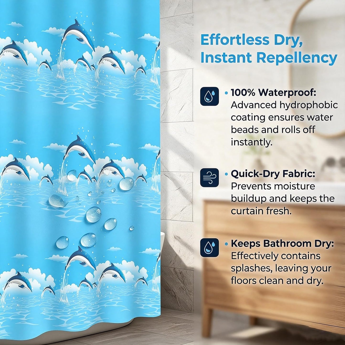 HUANYO Shower Curtain Mould Proof Resistant, 180 x 200cm Waterproof Bathroom Bathtub Curtain with 14 Hooks, One Piece per Set for Bath