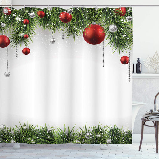 ABAKUHAUS Christmas Shower Curtain, Classical Christmas Ornaments and Baubles Coniferous Pine Tree Twig Tinsel Print, Cloth Fabric Bathroom Decor Set