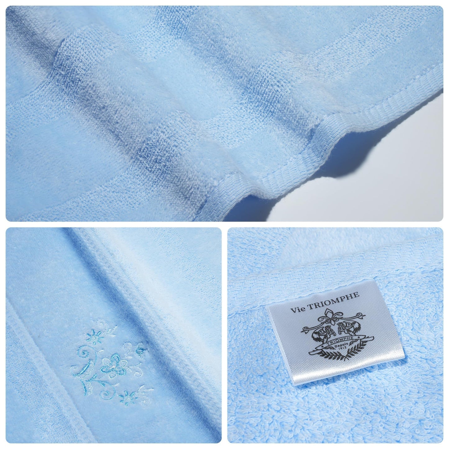 Vie TRIOMPHE Face Flannels Set of 2 Cotton Washcloths 34x35cm 100% Cotton High-Low Pile Embroidered Soft Absorbent Face Cloths Beige and Blue