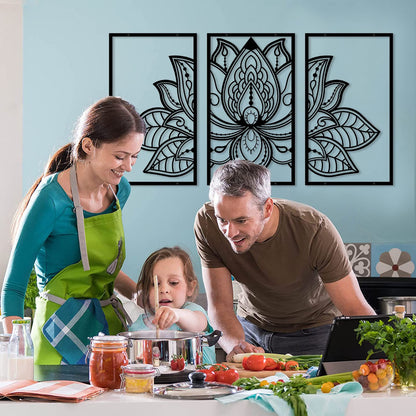 ESTART Large Lotus Flower Metal Wall Art 3-piece Set, Religion Faith Mandala Home Wall Decoration for Living Room, Bedroom, Office and Yoga Room