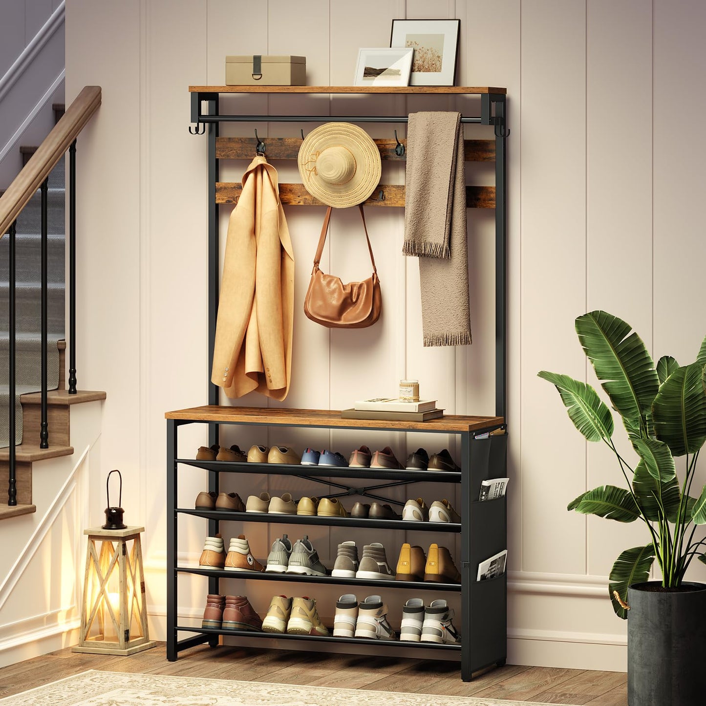 HOOBRO Coat Stand, Coat Rack with Shoe Storage, Hall Tree with Tiltable Mesh Shelves, 4 Removable Hooks, Side Storage Pocket