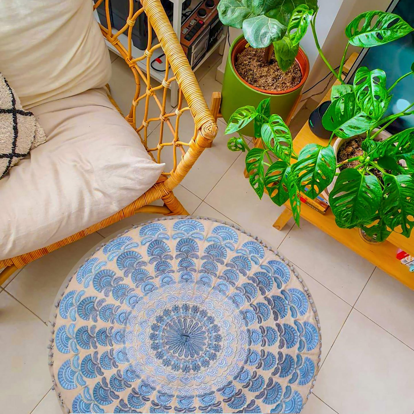 Mandala Life ART Green Round Velvet Pouf Cover - Soft Embroidered Ottoman Slipcover with Moroccan Design, 24 Inch Diameter, Ideal for Living Room
