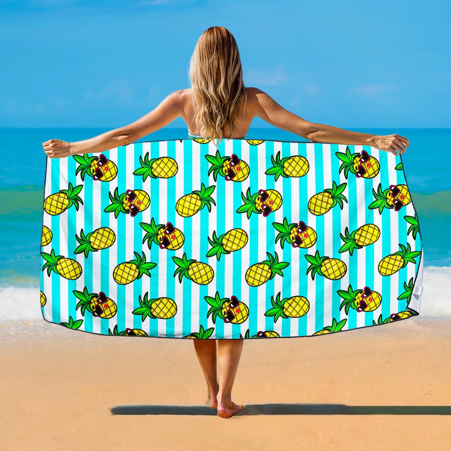 Violetpos Sunglasses Pineapple Stripe Beach Towel, Extra Large 180x90 cm 250GSM Microfibre, Sand Free Quick Dry