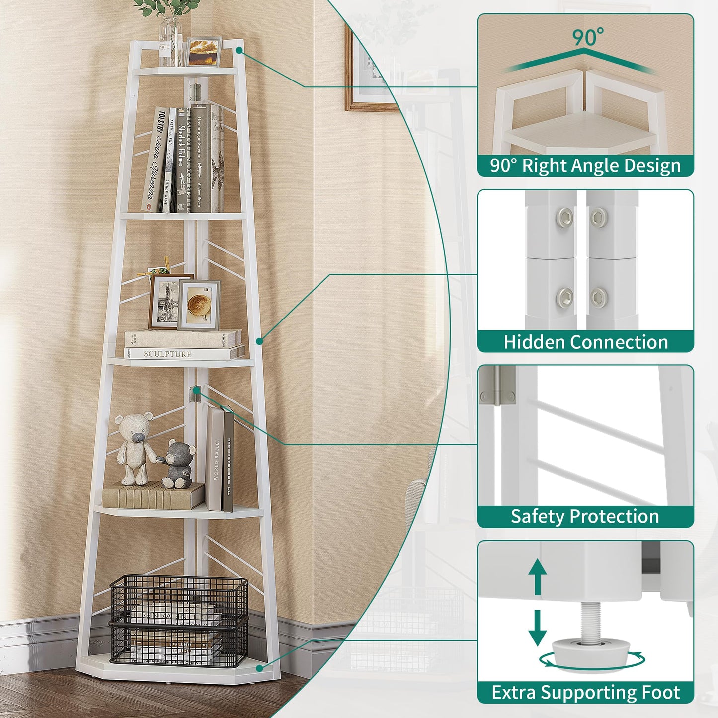 YITAHOME Corner Shelf 5 Tier, Industrial Corner Bookshelf Modern Floorstanding Corner Bookcase Ladder Shelf Wooden Open Shelving Unit for Living Room,