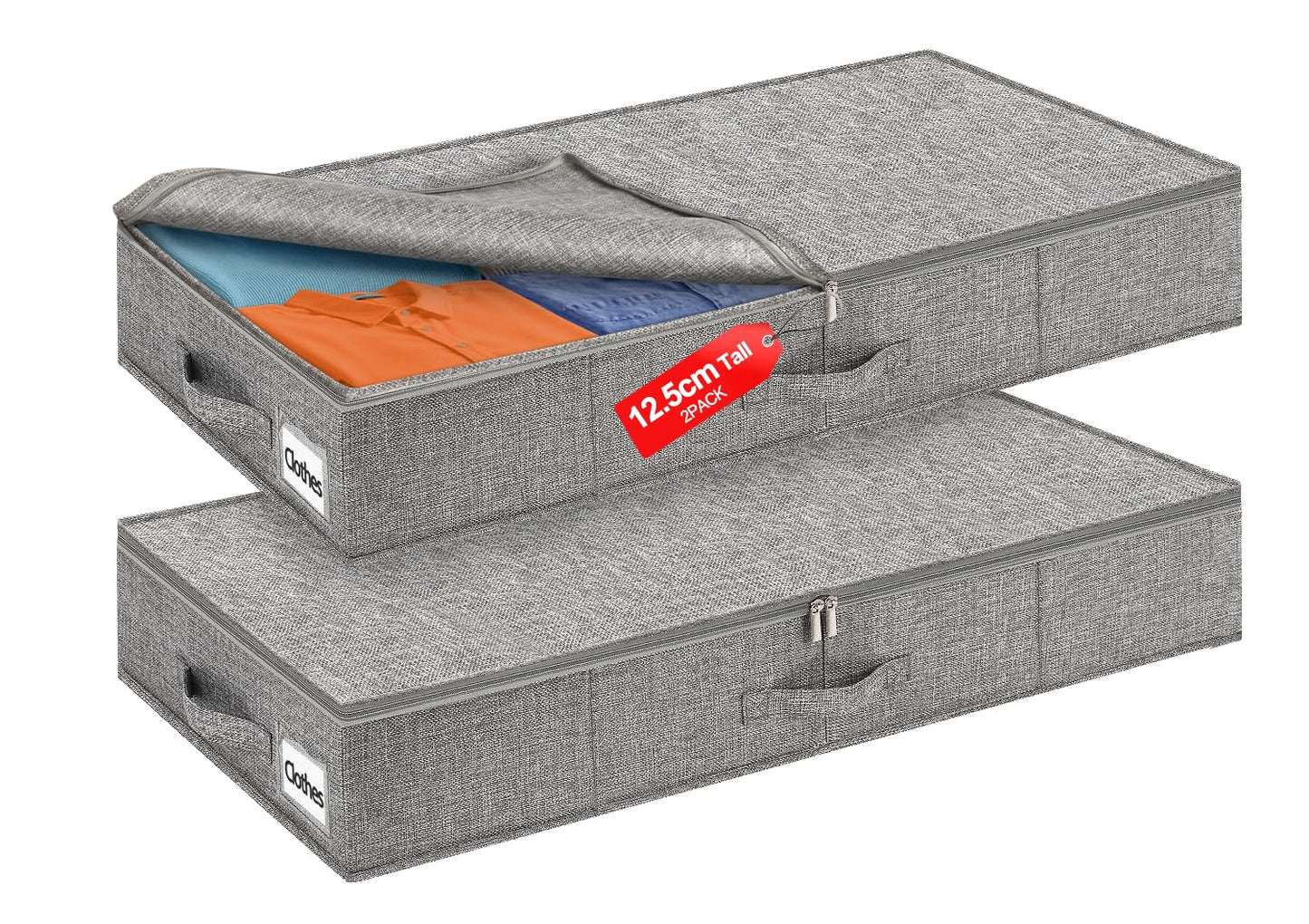 40L 12cm Tall Shallow Underbed Storage Boxes with Zipped Lids, 2 Pack, Grey