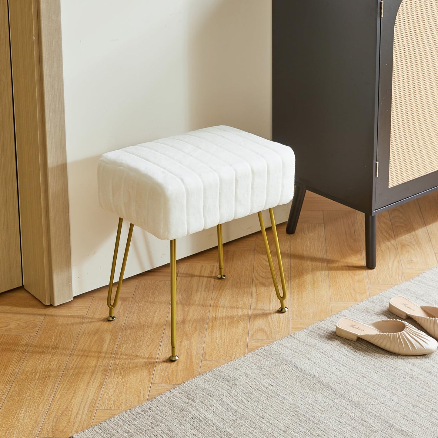 IBUYKE Makeup Vanity Stool, Velvet Rectangular Footrest, White L/G-51W