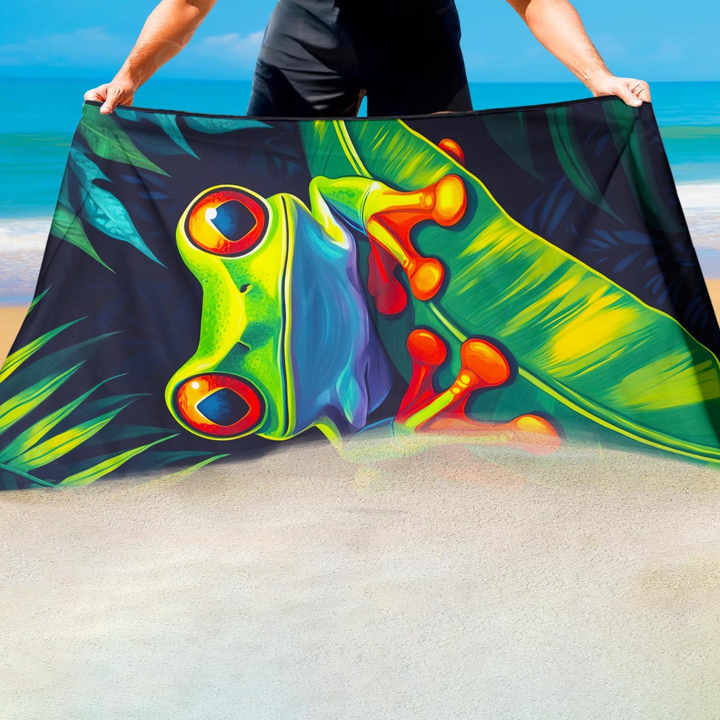 Violetpos Red-Eyed Tree Frog Beach Towel, Extra Large 180x90 cm 250GSM Microfibre, Sand Free Quick Dry