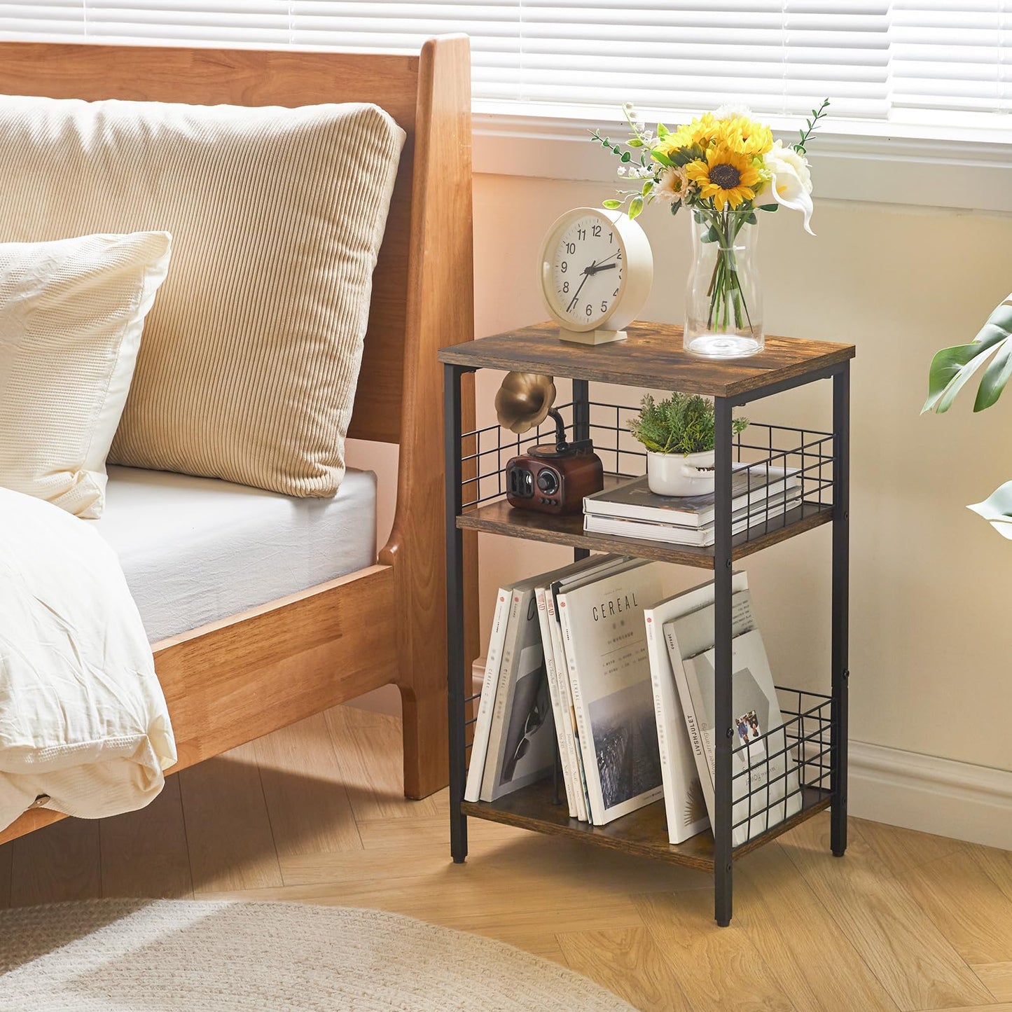 YMYNY 3 Tier End Table, Record Player Stand with Storage, Industrial Tall Side Table, Small Bookshelf, Bookcase, Display Rack, Telephone Table for