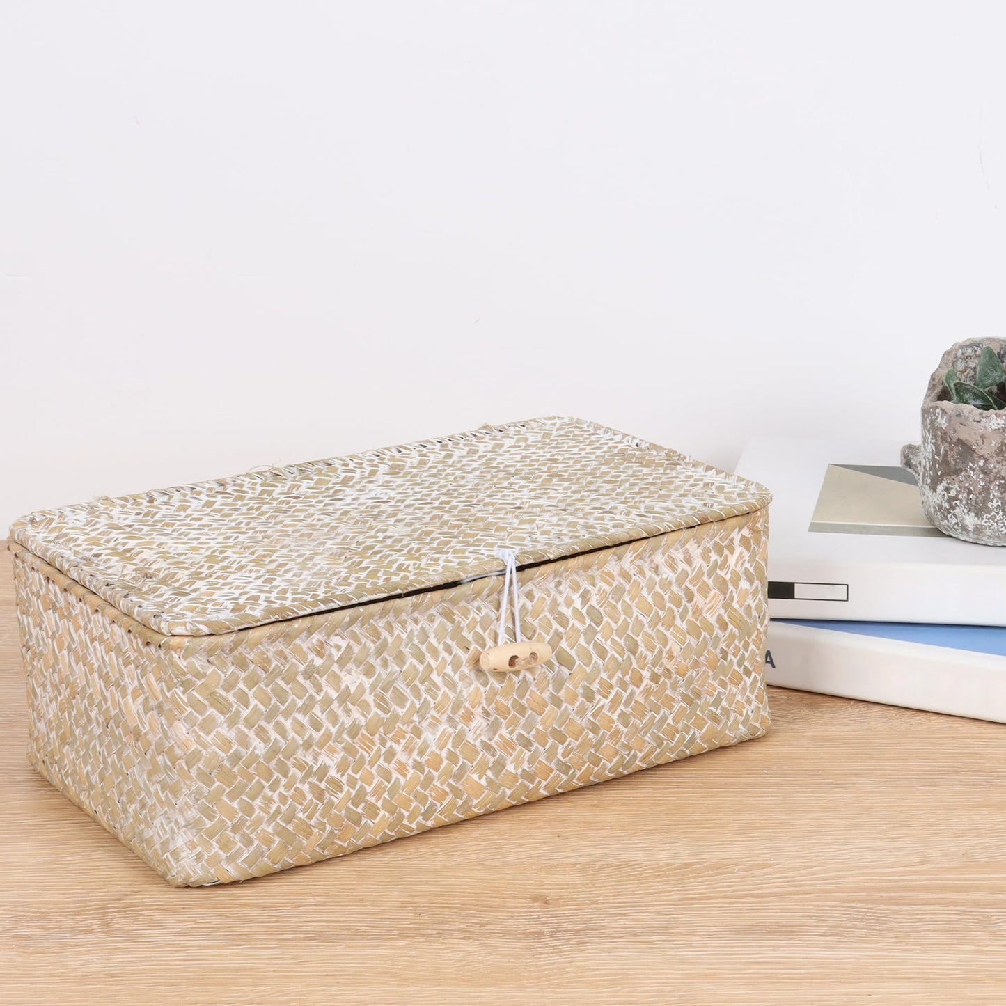 FEIALNDUO Wicker Shelf Baskets with Lid,Seagrass Storage Basket Bins Rectangular Handwoven Basket Boxes for Shelves Desktop Home Organizer