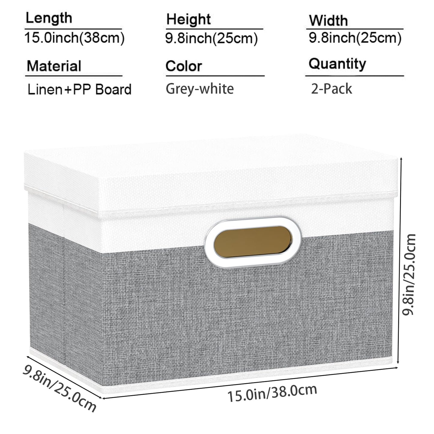 Yawinhe Storage Bins with Lids and Handles 2 Pack,38x25x25cm,White/Grey