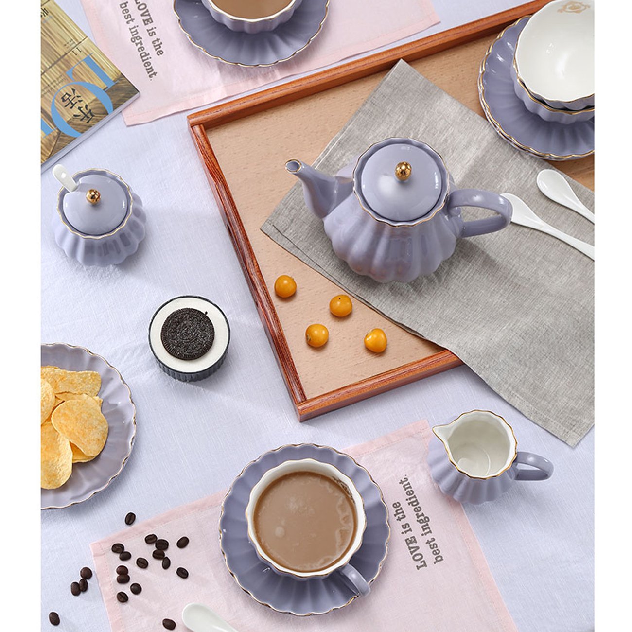 Sweejar Home Porcelain Tea Set Royal Family 225 ml Cups and Saucers for Wedding Ceramic Porcelain Tea Cup Set (Purple)
