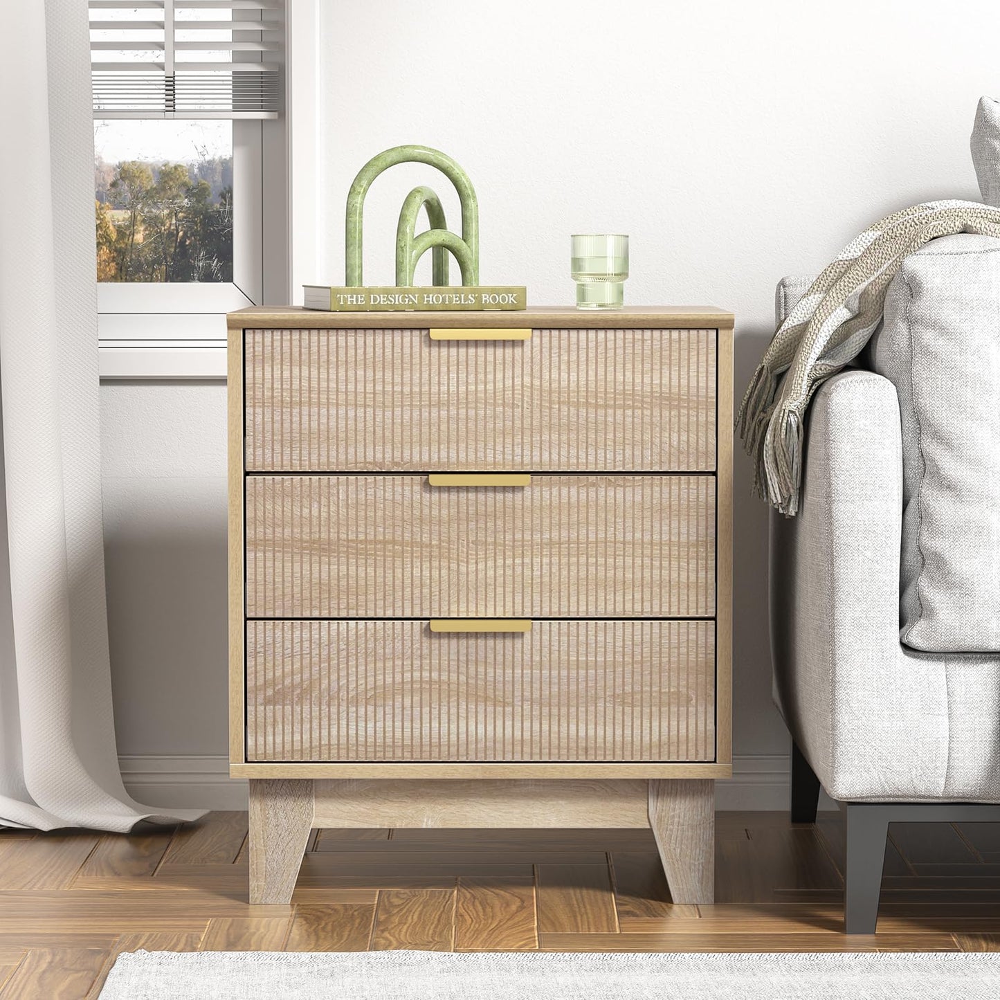 Yvsevnr Fluted Nightstand with 3 Drawers Modern Bedside Tabls with Wood Legs Farmhouse Bed Side Table for bedroom, Living Room