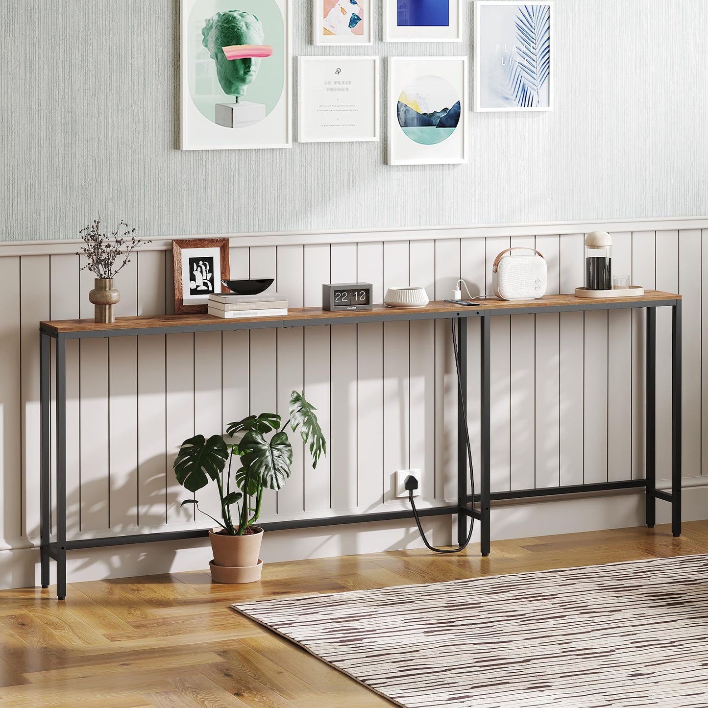 YATINEY Slim Console Table, 200 cm Narrow Sofa Table with Power Outlets, Behind Entryway Table, 3 Assembly Options, for Entryway