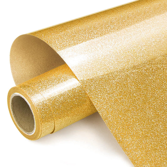 Prime Vinyl Heat Transfer Vinyl, 12" x 8ft Gold Glitter HTV Vinyl for T-Shirt, Iron on Vinyl for all Cutting Machines, Easy to Cut & Weed with Heat