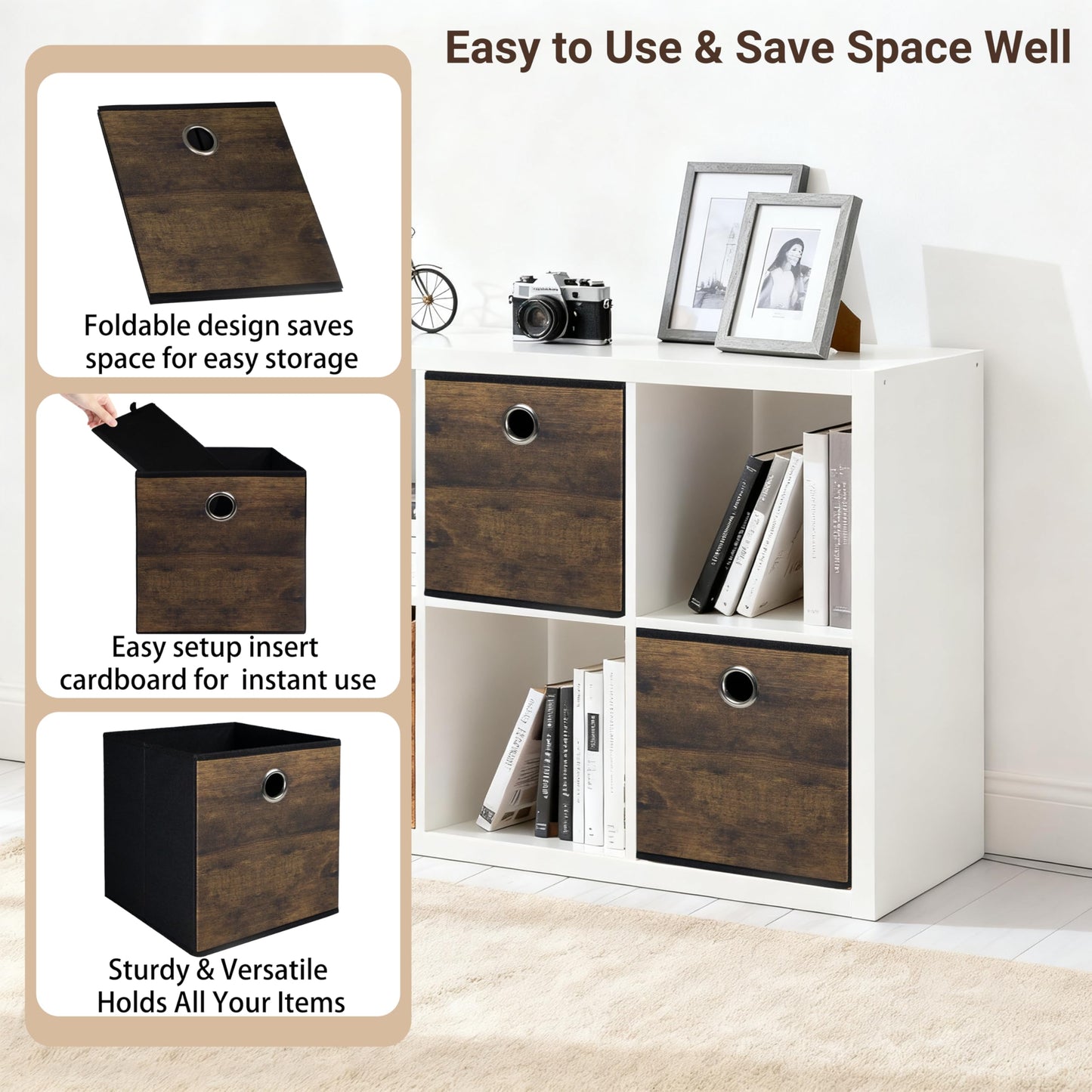 Folzaelar 6 Pack Durable Storage Cube Bin with Decorative Wood Grain,Thickened Fabric Boxes,Storage Basket for