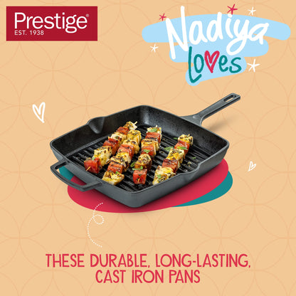 Prestige x Nadiya Cast Iron Griddle Pan - Pre Seasoned Square Cast Iron Pan 25cm, Induction suitable, BBQ & Oven Safe, Toxin Free Cast Iron Skillet