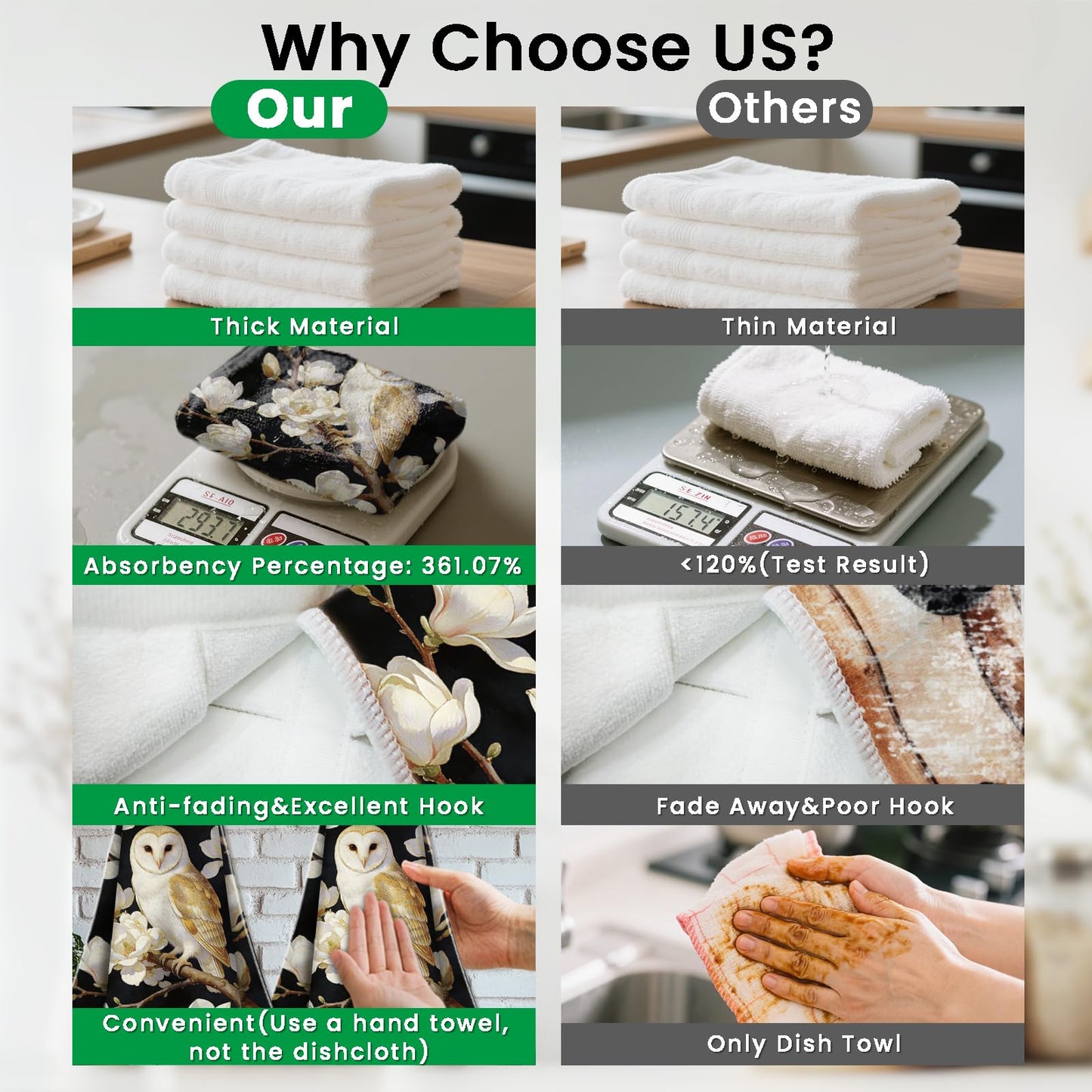 CUTHOLLOW 2 Pcs Owl and White Magnolia Hanging Kitchen Towels with Loop