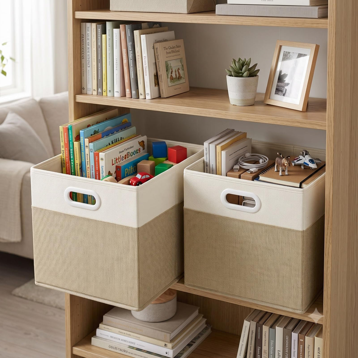 SOCOHOME Fabric Storage Boxes,25x25x25cm Storage Cube, Foldable Storage Baskets for Toys Nursery ClosetLight Khaki/Cream White, 3 Pack