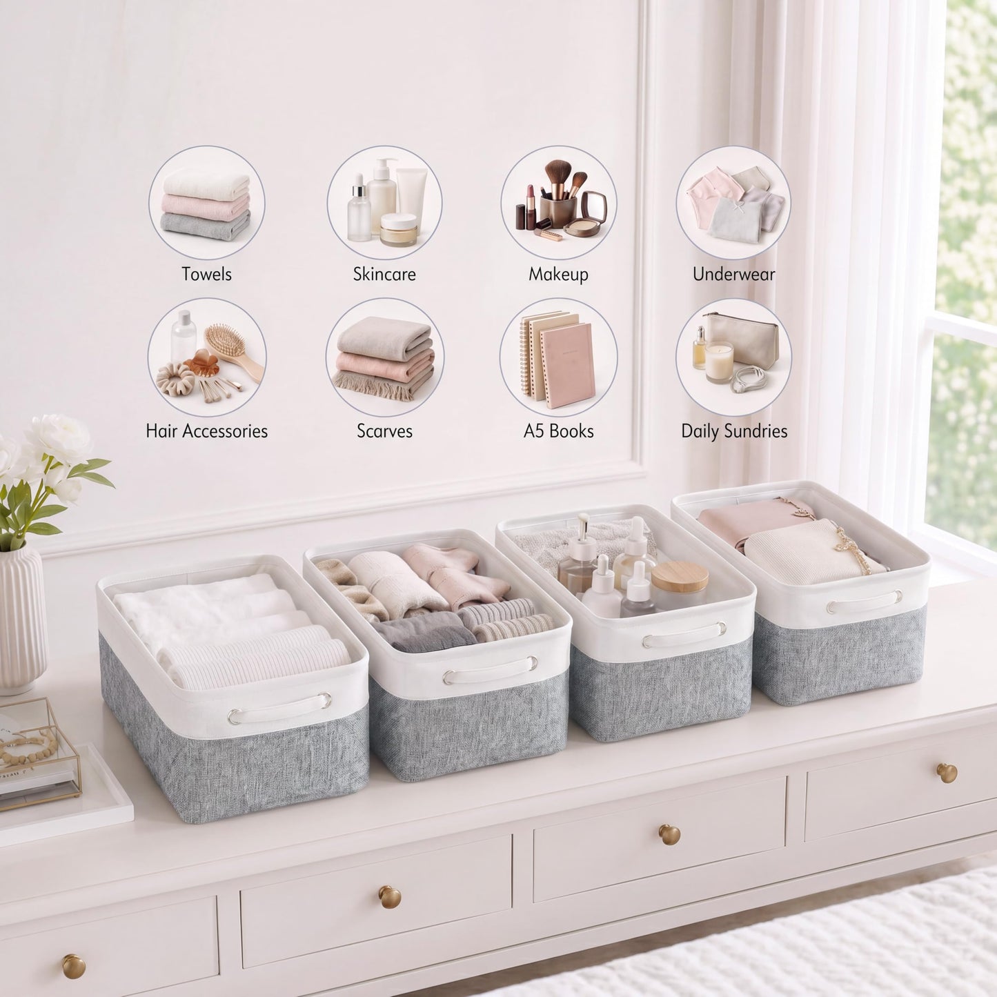 Mangata Set of 3 Fabric Storage Baskets, Grey White M