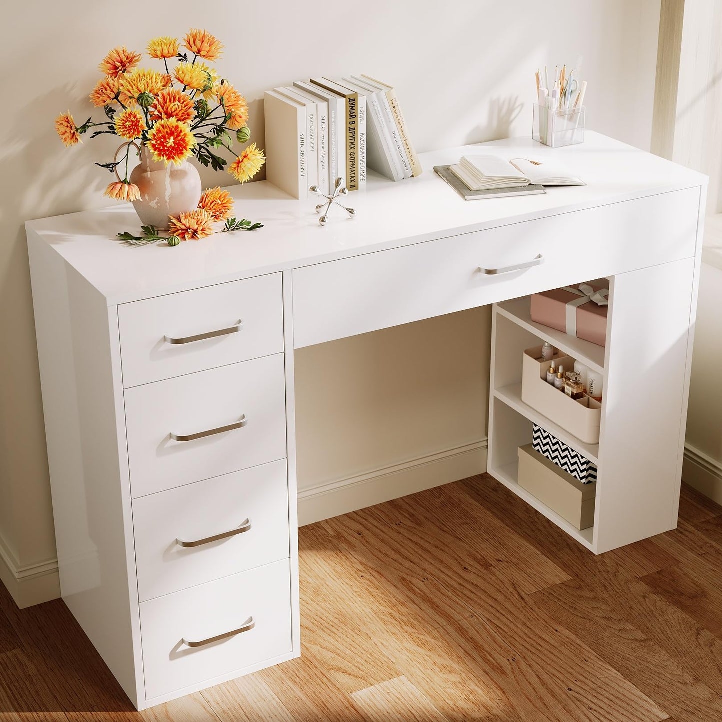 ELEGANT Dressing Table with 5 Drawers and 2 Shelves, Vanity Desk with Partition Storage, White Modern Makeup Table for Girls Bedroom Furniture