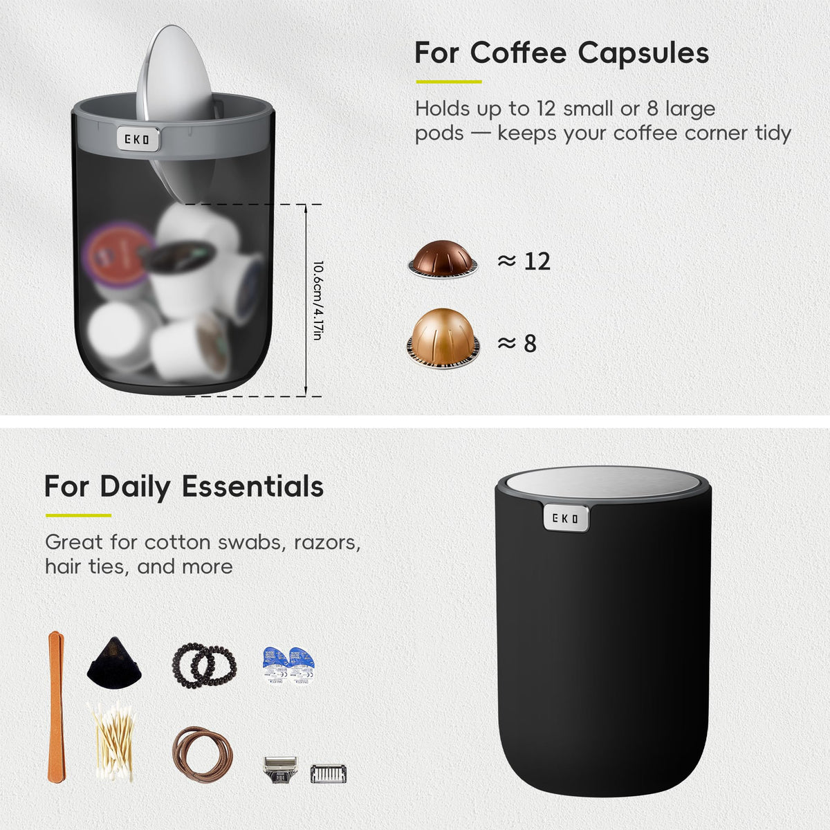 EKO Mini Desk Trash Can with Swing-Top Lid 0.4 Gallon Small Table Round Wastebasket for Office, Home, Car Black