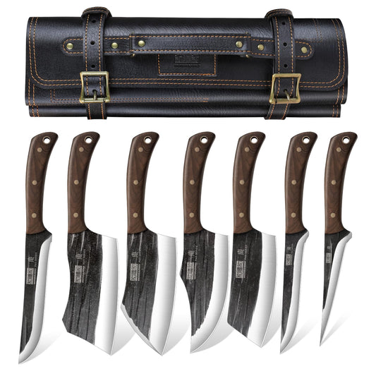 HOSHANHO Butcher Knife Set, Hand Forged Butcher Chef Knife Set with Roll Bag, Sharp Meat Cleaver Bone Chopper Fillet Knife for Home & Camping & BBQ