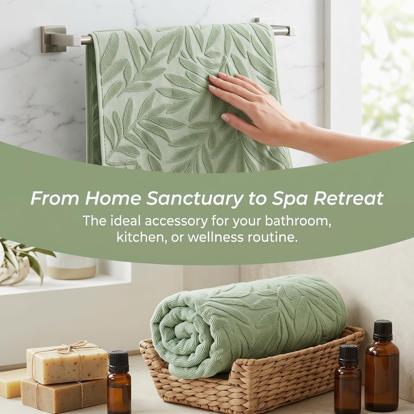 Solvio Premium 100% Cotton Towels Set - Sage Green Leaf Pattern Jacquard Towels - Super Soft and Highly Absorbent Bathroom Accessories for Home and