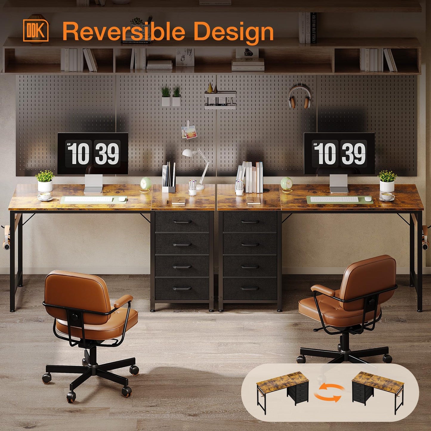 ODK Computer Desk with Drawers, Reversible Office Desk, 120 x 48 cm, Brown