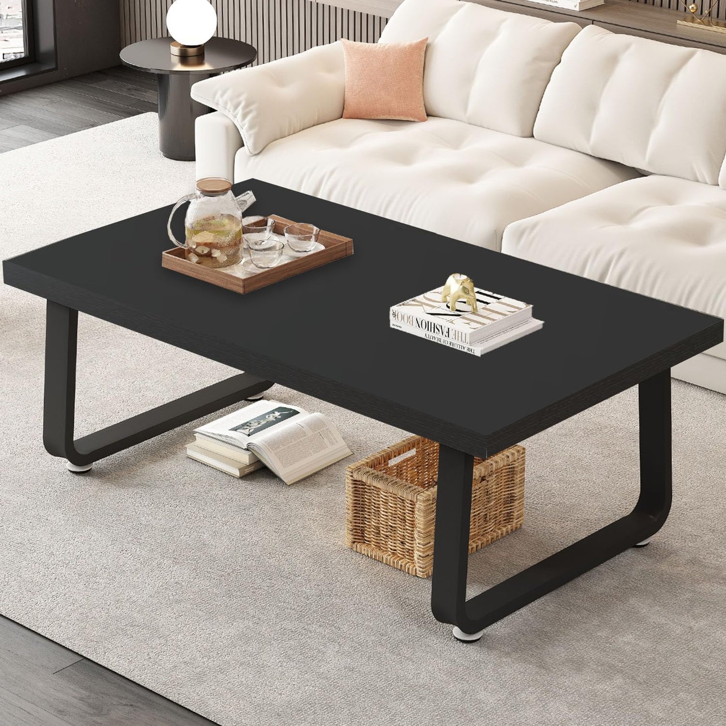 HSH Black Oak Coffee Table, 55D×100W×46.5H cm, Rustic Industrial Wooden Coffee Table for Living Room Bedroom Office