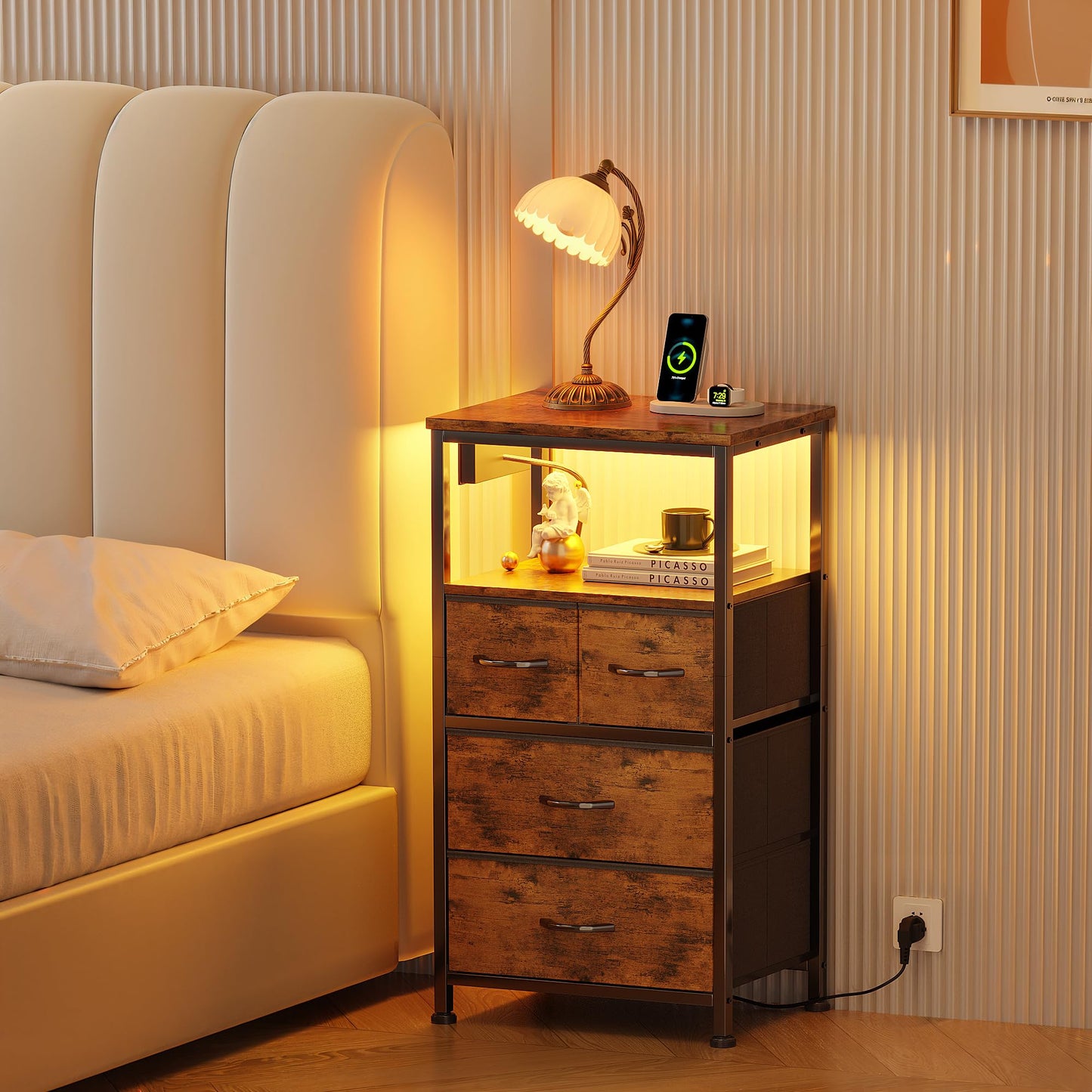 Flrrtenv Bedside Table with Charging Station, 4 Drawers Bedside Cabinet for Bedroom, LED Night Stand with Storage Shelf