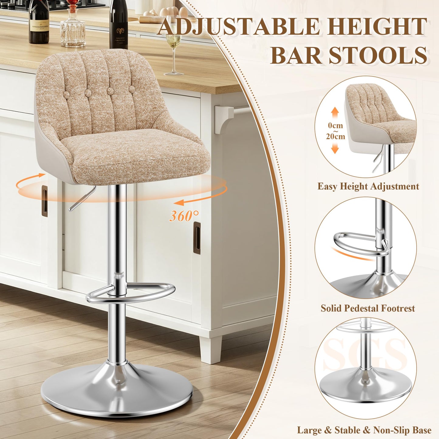 Adjustable Bar Stools Set of 2, Swivel Counter Stools with Backrest, Chenille & Faux Leather Upholstered Bar Chairs