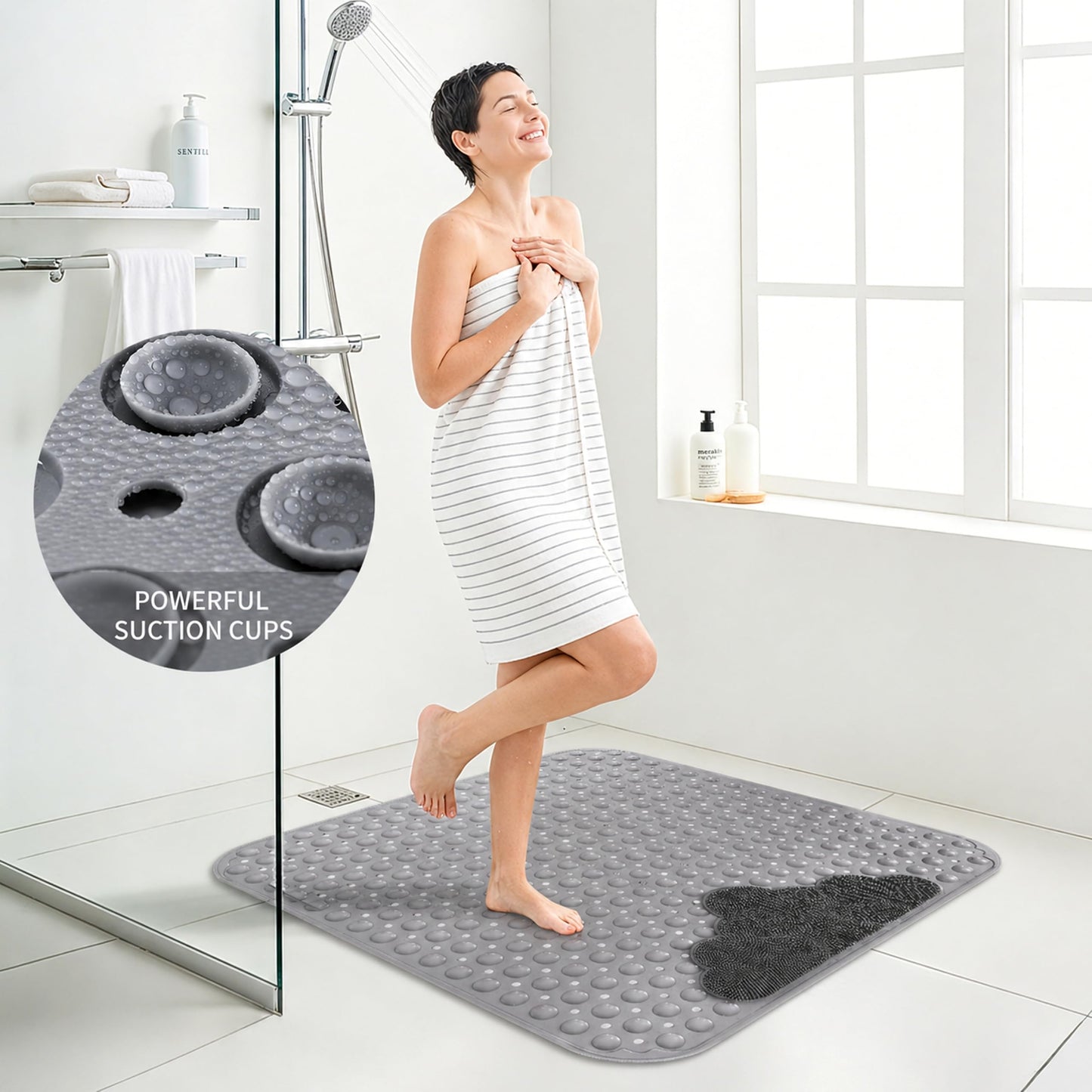 Venuso Shower Mat Non Slip Anti Mould, 80x80 cm Non Slip Bath Mat with Foot Massage Area