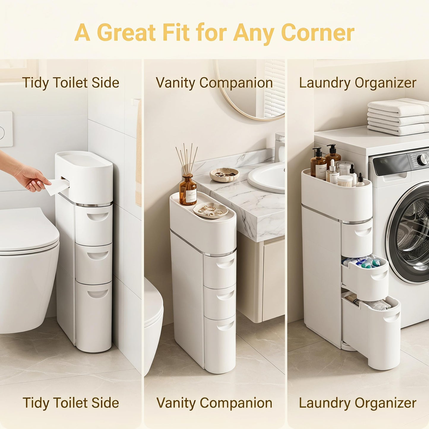 Slim Bathroom Storage Cabinet 4 Tier, Narrow Floor Standing Storage Unit with 3 Drawers & Toilet Paper Holder
