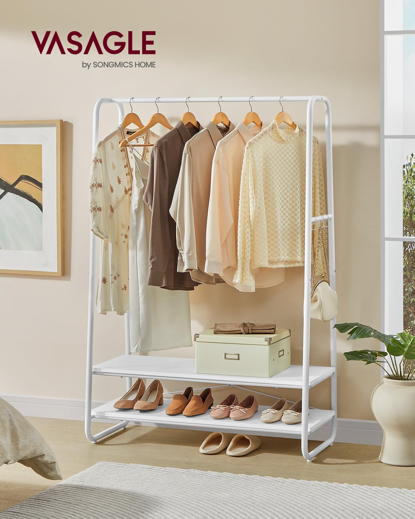 VASAGLE Clothes Rail, Clothes Rack with 2 Shelves, 6 S-Shaped Hooks, Steel Frame, for Bedroom, Cloud White and Matte White RGR112W02