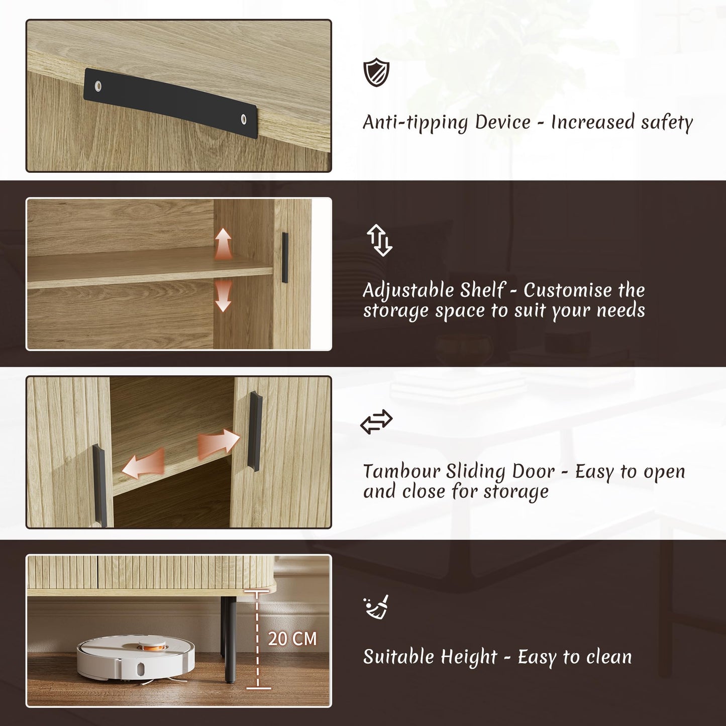BonVache Sideboard, Buffet Storage Cabinet for Living Room, Kitchen Cupboard with Tambour Sliding Door