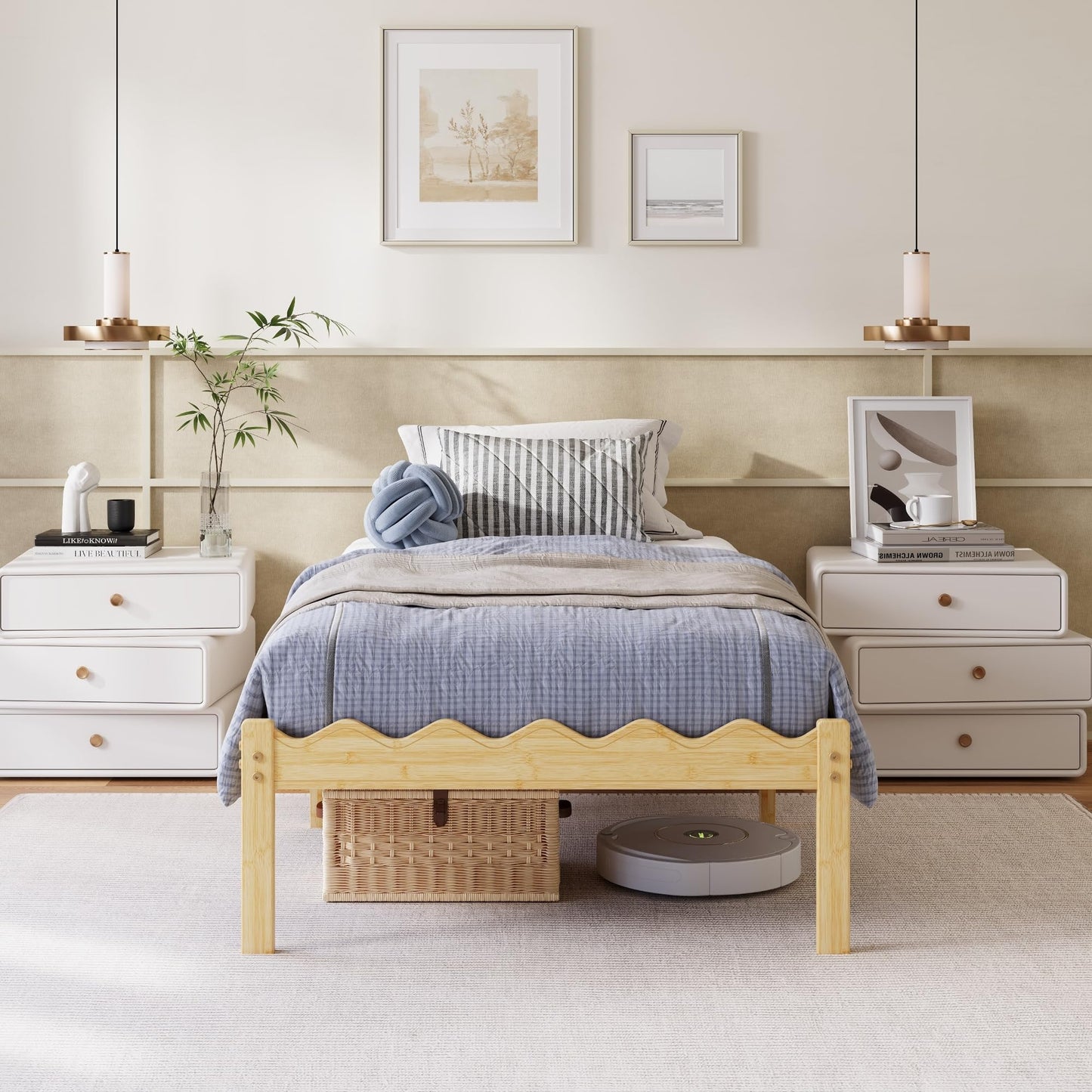 Hunlostten Wooden Single Bed Frame - Modern Bamboo Wood Style Bed Frame with Headboard and Footboard Underbed Storage Slats Support Easy to Install