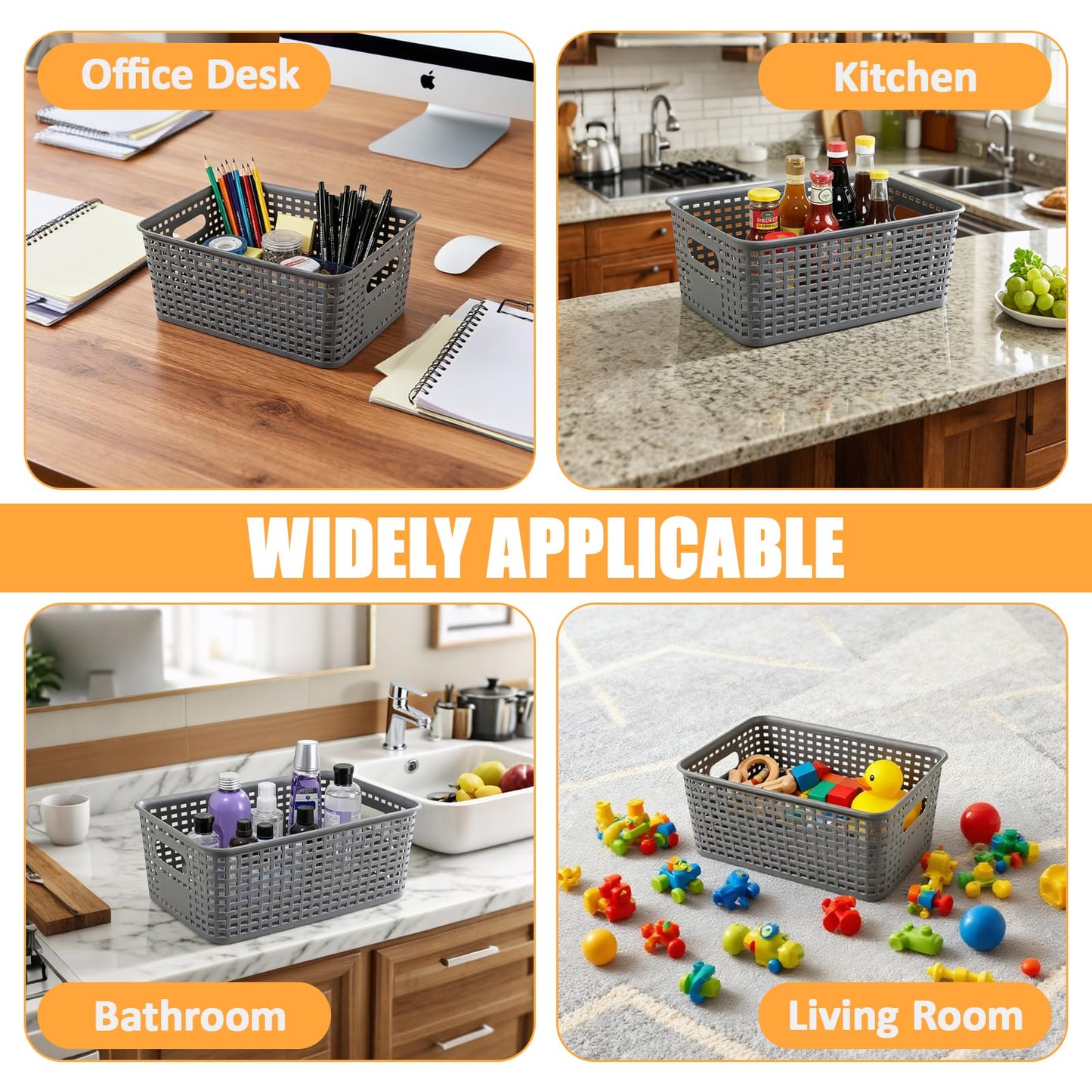 6-Pack Plastic Woven Storage Baskets – Durable & Flexible, Multi-Purpose Organizer for Kitchen, Closet, Cabinet, Shelves