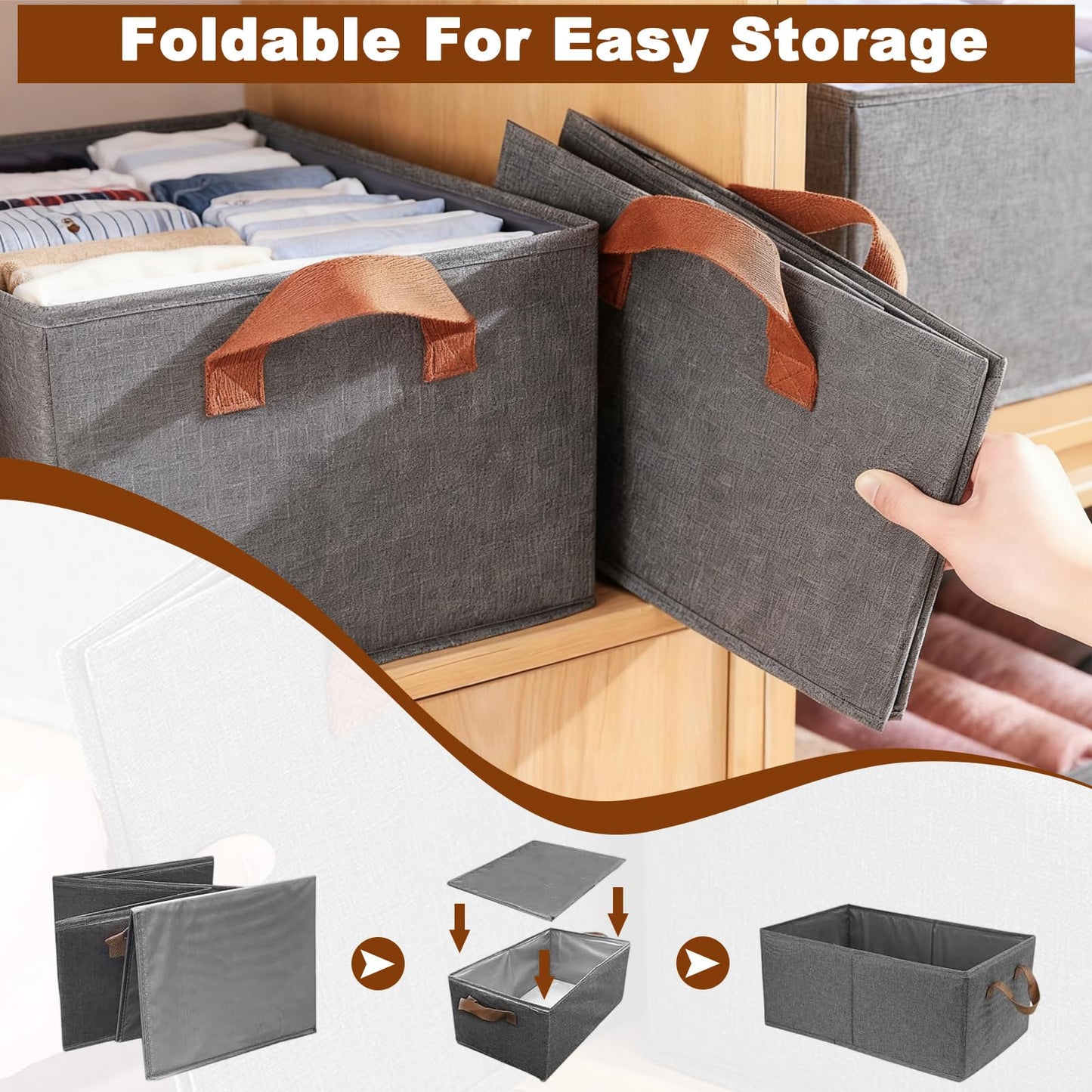 4 Pack Wardrobe Storage Organiser with Handles, Foldable Clothes Storage Baskets for Shelves, Collapsible Fabric Closet Shelf Boxes