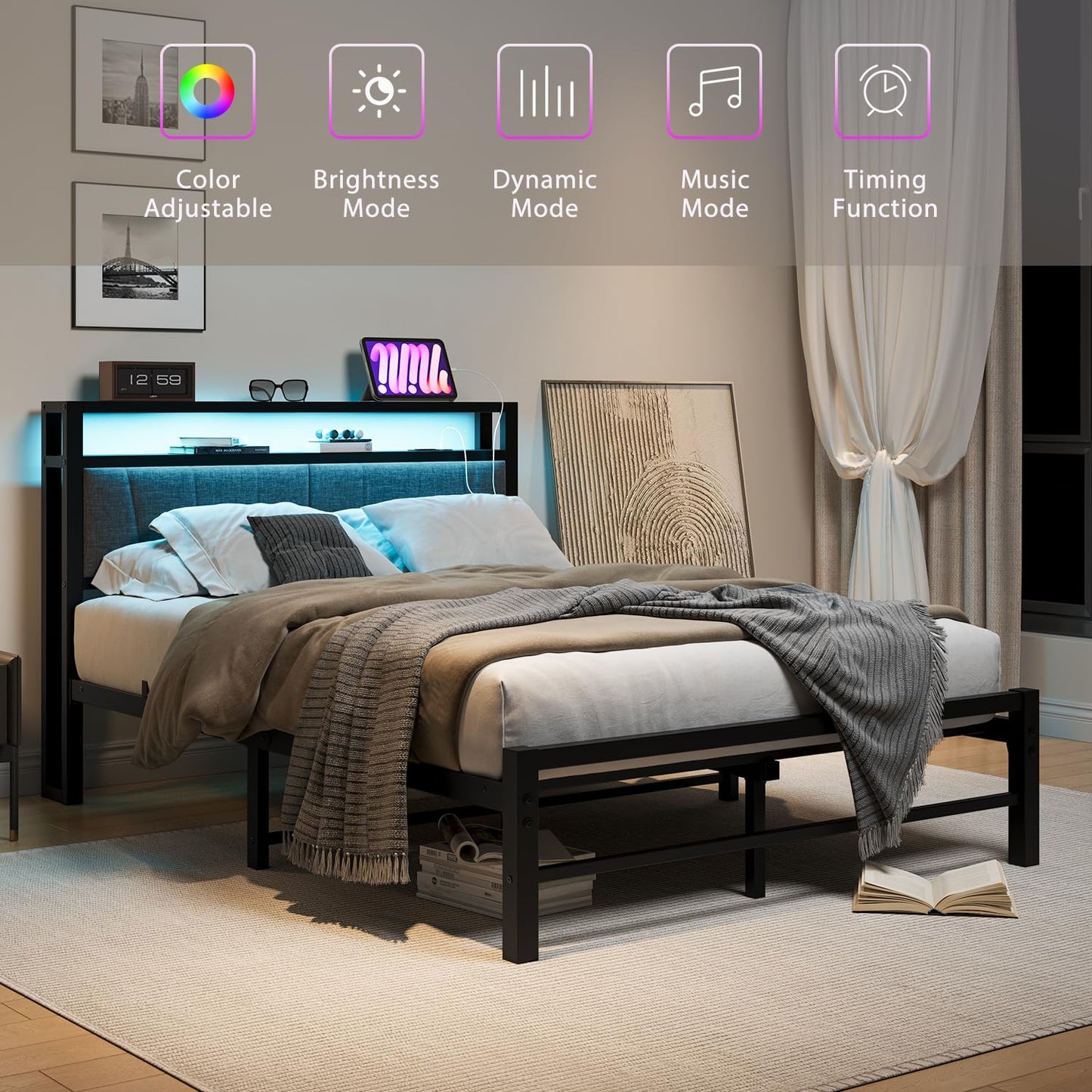 BORPHOM Double Bed Frame with Storage and LED Lights,4ft6 Metal Platform Bed Frame Double Size Bed Base with Charging Station,Mattress Base,Strong