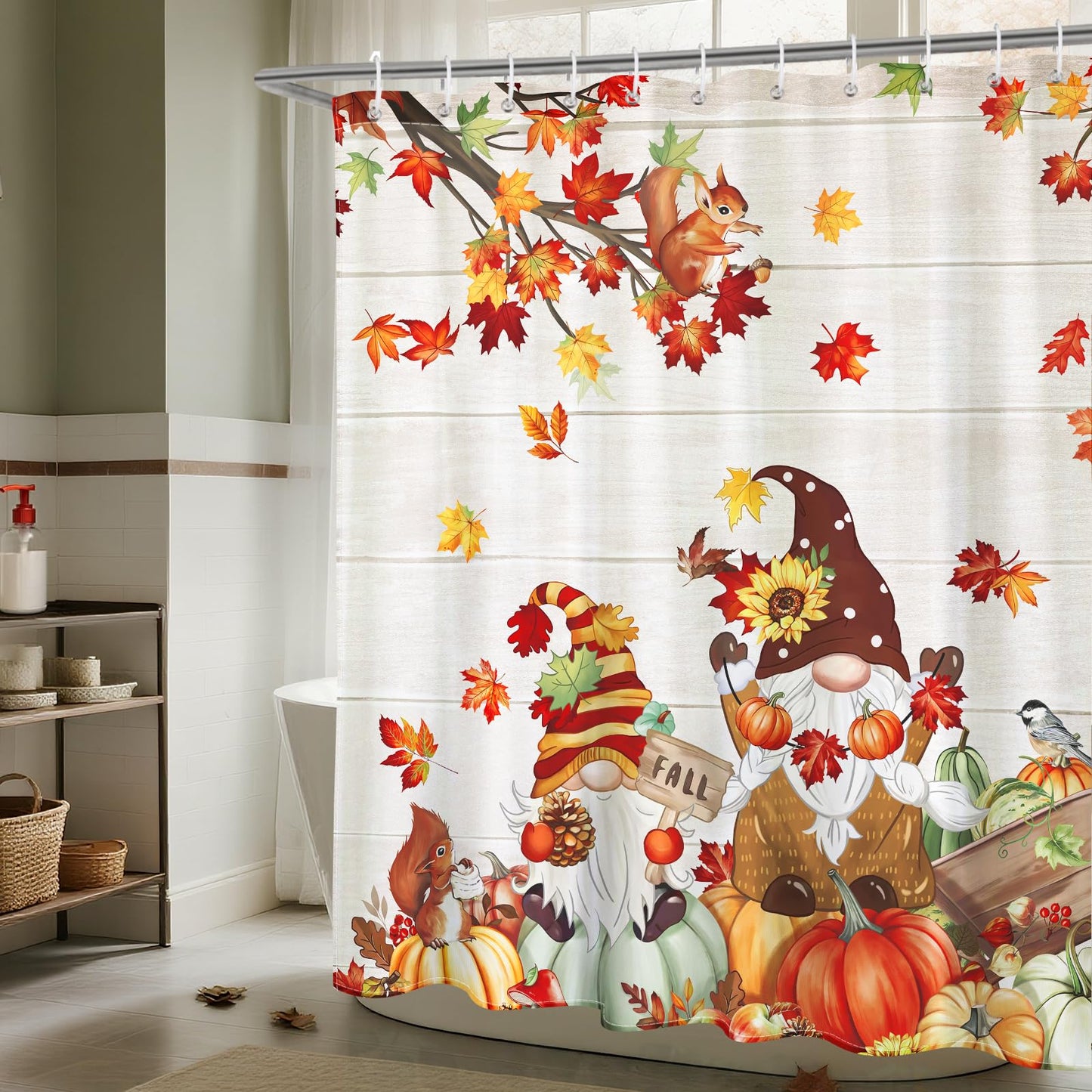 Arquiel Fall Pumpkin Gnome Shower Curtain Sets, Waterproof Polyester Fabric Shower Curtains With 12 Hooks for Bathroom Home Decoration