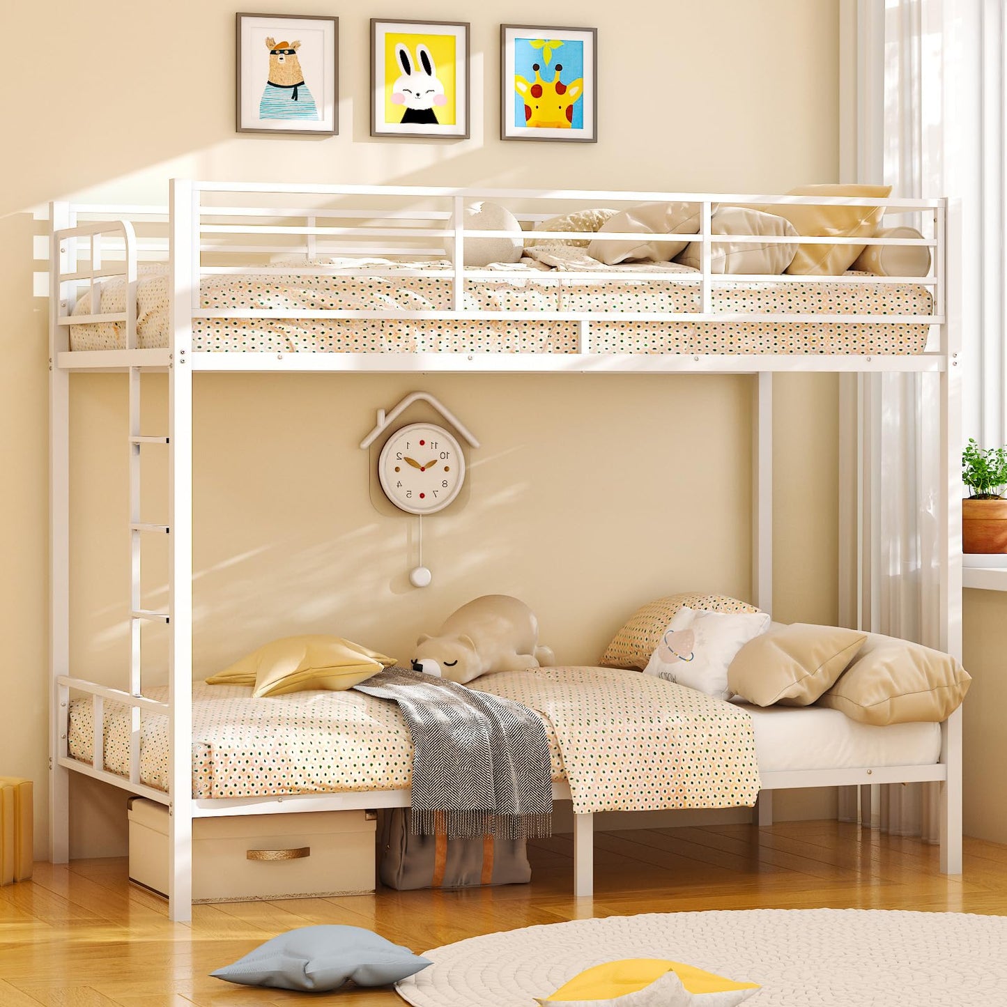 Bonnlo Metal Bunk Bed, Single over Single Loft Bed Frame with 38cm High Full-Length Guardrail & Non-Slip Ladder, Space-Saving Twin Over Twin Bunk Bed