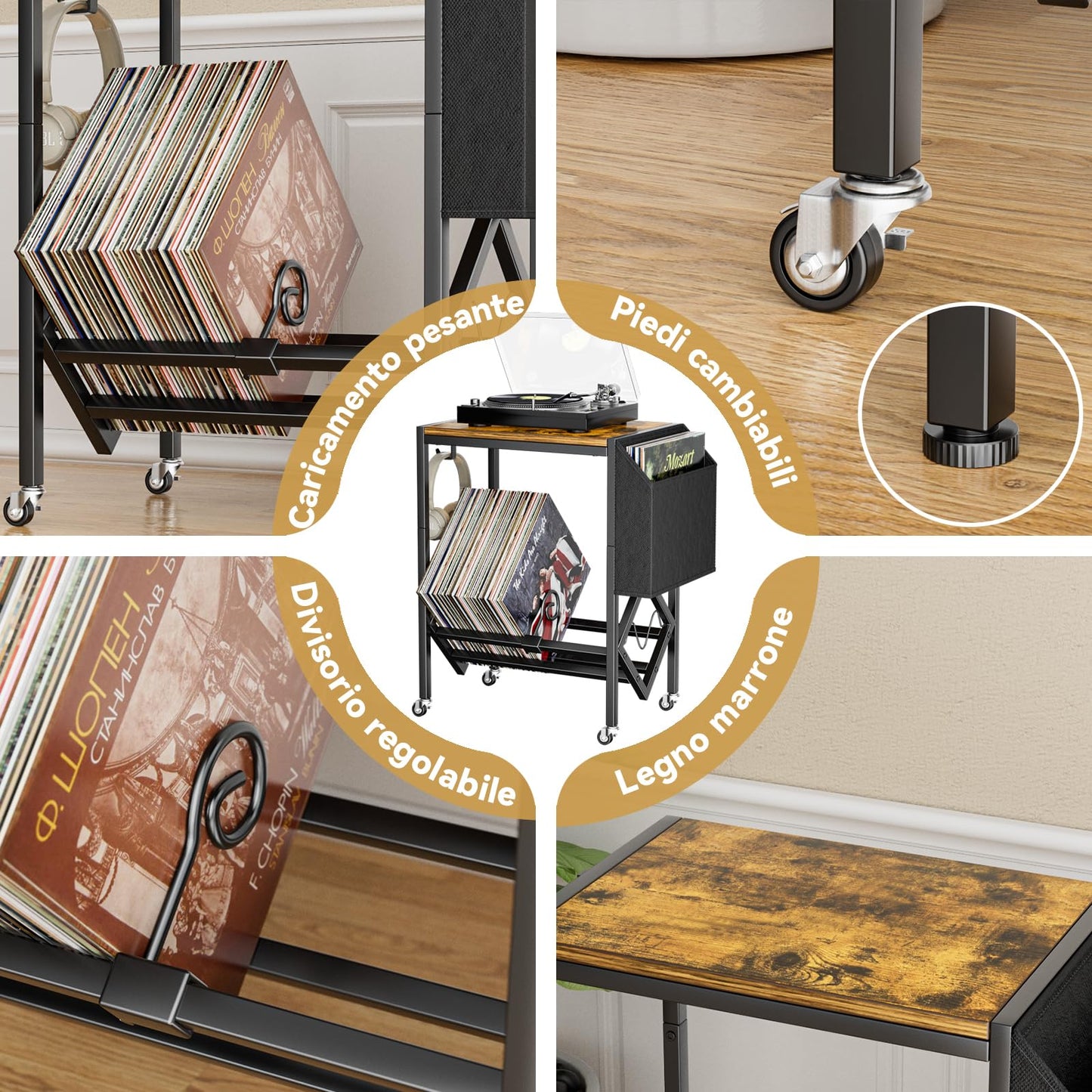 Vinyl Record Player Stand - Retro Vinyl Holder and Record Player Table, up to Storage 80 Albums, with Turntable Castors and Organising Fabric Bag