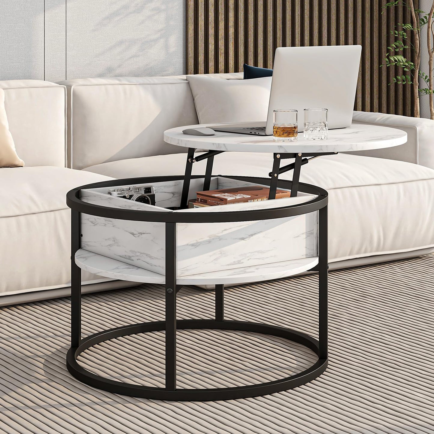HOJINLINERO Round Coffee Table,Lift Top Coffee Tables for Living Room,Wooden Table with Hidden Storage & Lift Up Top,Modern Sofa Tea End Center