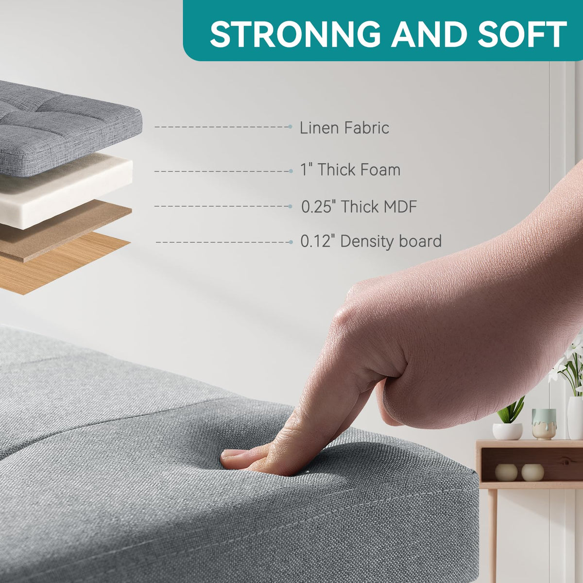 BRIAN & DANY Folding Storage Ottoman with Wood Legs, Linen Foot Stool, Storage Chest with Highly Elastic Sponge Filling, Light Gray, 38 x 38 x 38 cm