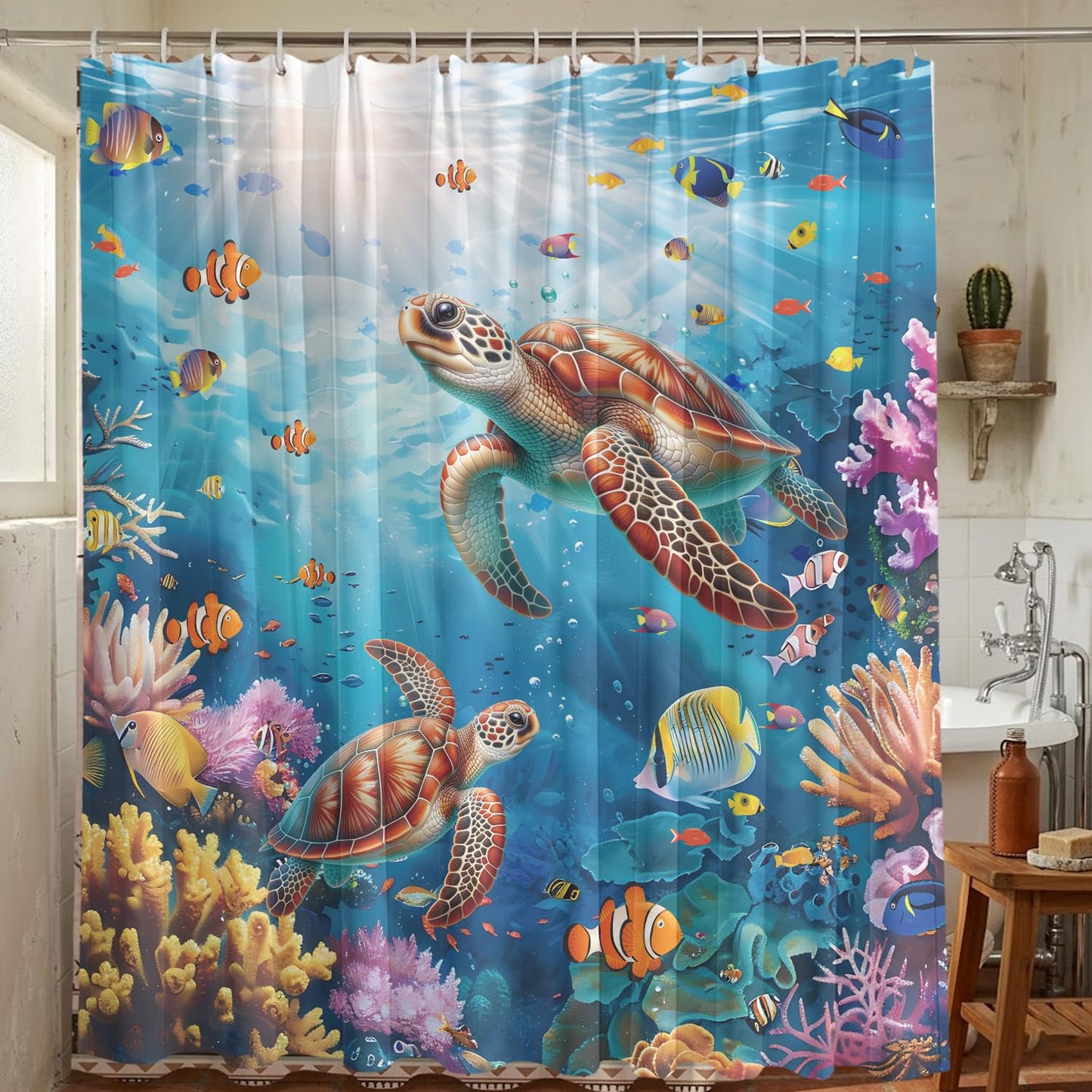 Luvart Shower Curtains for Bathroom, Sea Turtles Waterproof Shower Curtain 180 X 180 cm, Ocean Tropical Fishes Bath Curtain with Hooks Bathroom Decor