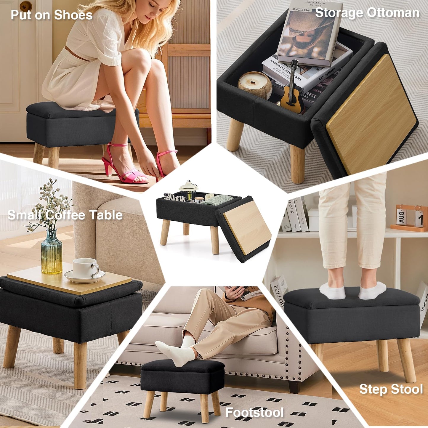 BRIAN & DANY Footstool Ottoman with Storage, Linen Rectangle Storage Ottoman, Foot Stool with Legs Sofa Footrest for Living Room Entryway Office