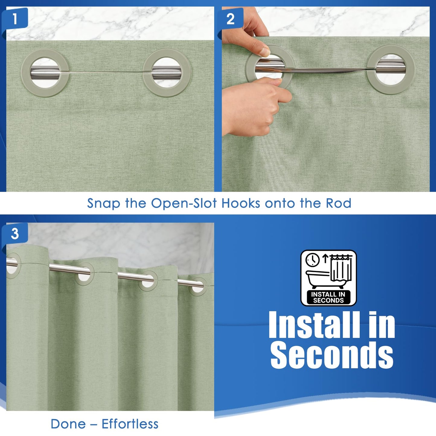Zemyovia No Hooks Linen-Like Shower Curtain, Waterproof 250GSM Heavyweight Fabric, 180 x 190, Easy Install Split Grommets