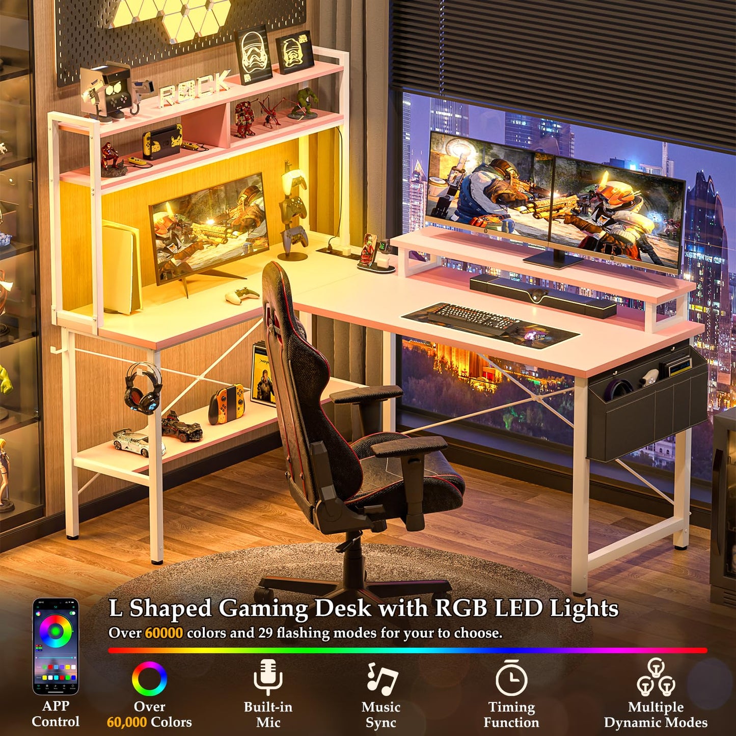 iSunirm L Shaped Gaming Desk with Power Outlets & LED Lights, Small L- Shaped Computer Corner Desk with Monitor Stand & Storage Shelf